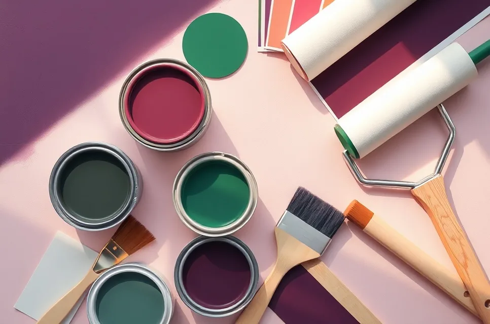 Pots de peinture, nuancier, brosses et rouleaux disposés à plat