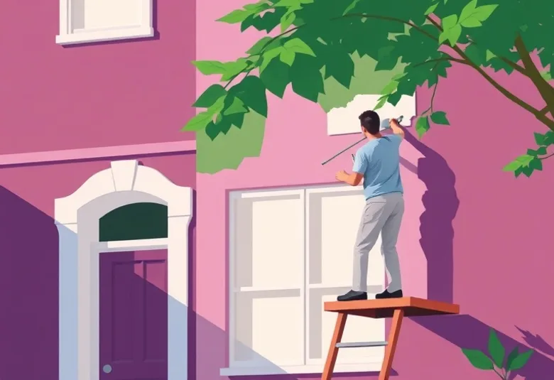 Peintre sur échafaudage traitant la façade d'une maison
