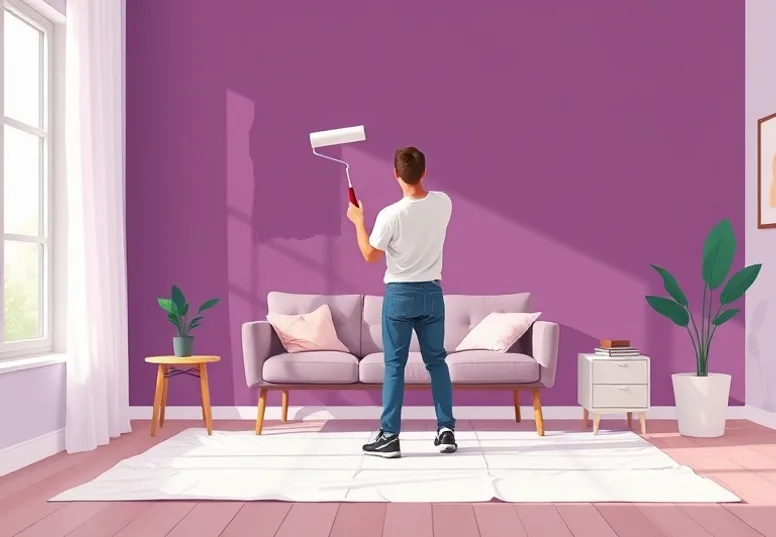 Peintre appliquant la peinture au rouleau sur un mur de salon